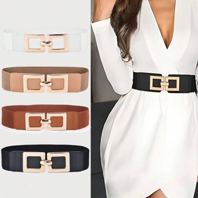 SHEIN 1pc Women Elastic Waist Belt, Retro Big Buckle Waistband For Dresses, Ideal For Various Outfits Halloween Summer, School