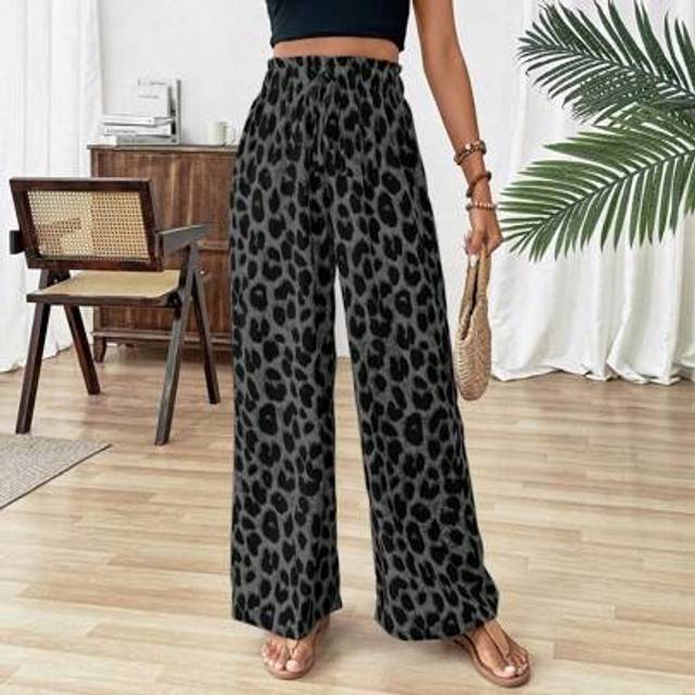 SHEIN Leopard Print Paper Bag Waist Loose Casual Flared Pants