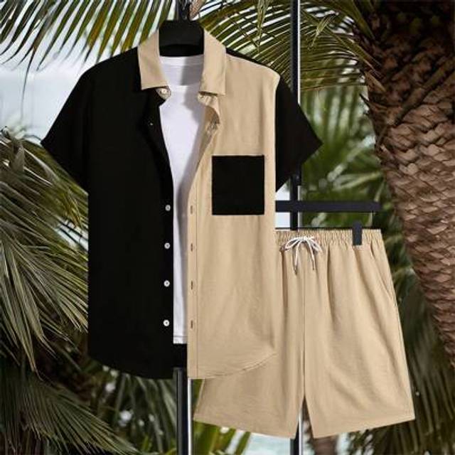 SHEIN Men&#39;s Contrast Color Short Sleeve Buttoned Shirt And Shorts Casual Set Men Swim Trunks,Outdoor Sports Trunks Vacation Outfits, Hawaiian BeachModeOn