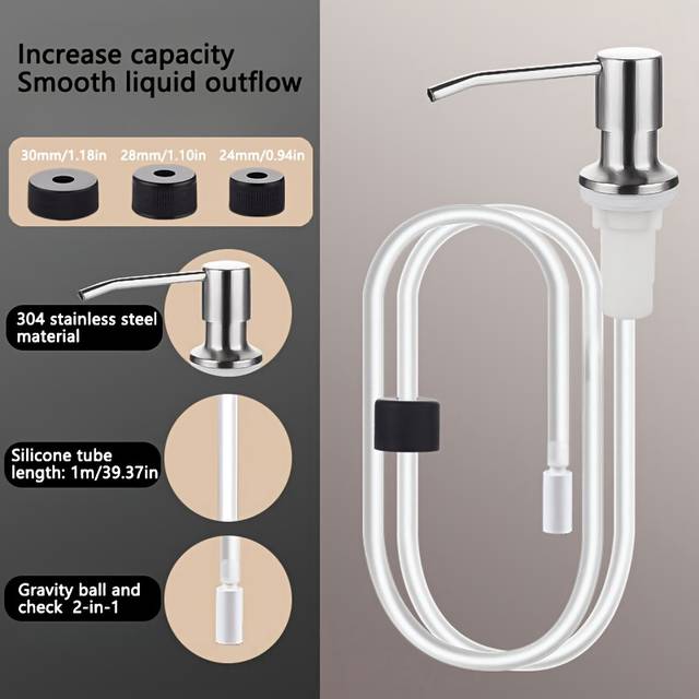 TEMU 1 Set Of Kitchen Sink Liquid Soap Dispenser, Extended Silicone Tube With Stainless Steel Push Head, Soft Hose-equipped Soap Bottle Accessory, Sink Detergent Pump