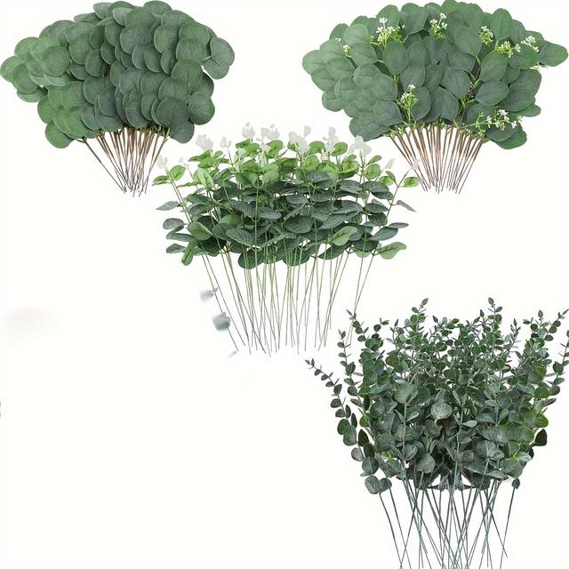 TEMU 30pcs 4 Types Of Artificial Mixed Eucalyptus Leaves Stems Artificial Silvery Leaves Artificial Plants For Wedding Bouquet Centerpieces Floral Arrangements Decorations