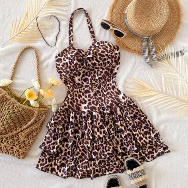 SHEIN Teen Girl Summer Leopard Print Elegant Halter Twisted Tiered Hem Dress, Suitable For Holiday, Outing And Party