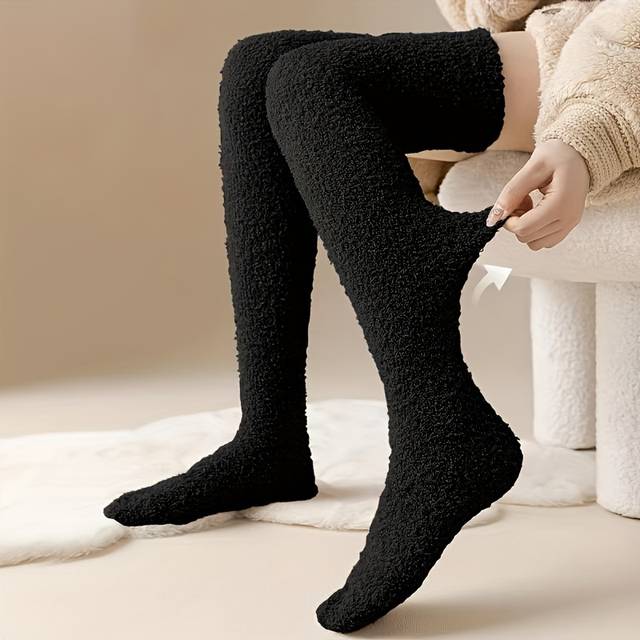 TEMU Women' Over-the-knee Long Socks - Thick Warm Winter Socks For Outdoor, Cozy Plush Machine-washable Solid , Autumn & Accessories, Fluffy Socks, Cold , Soft Fabric, Fashionconscious Women