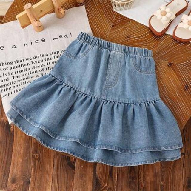 SHEIN Girls Casual Outdoor Simple Jeans Ruffle Hem Skirt, Summer