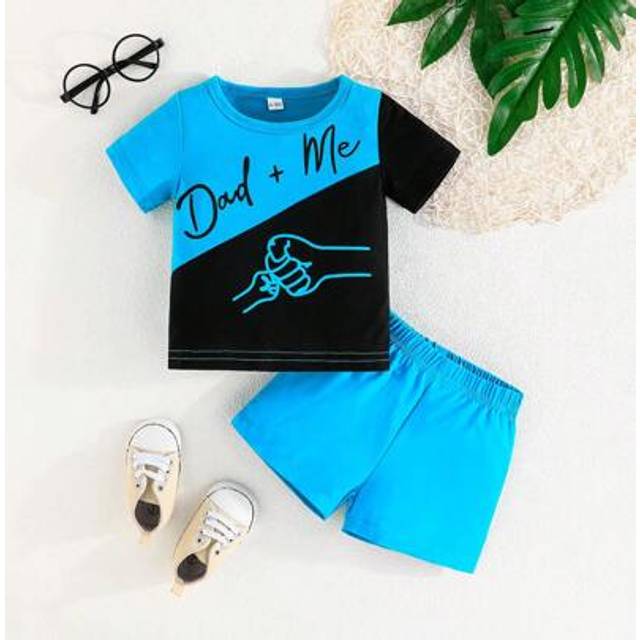 SHEIN 2pcs/Set Stylish Casual Baby Boy Spring/Summer New Letter Printed Colorblock Short Sleeve T-Shirt Shorts Outfit