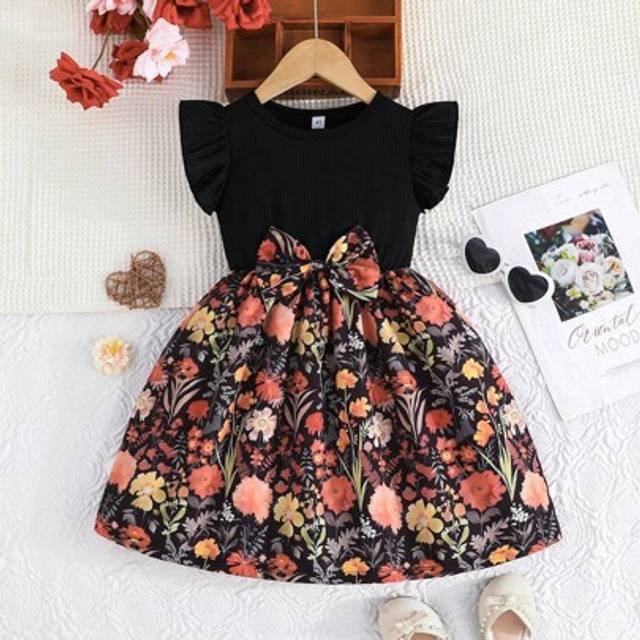 SHEIN Young Girl Sweet Ruffled Sleeve Round Neck Bow Tied Floral Jungle Print Casual Dress, Outdoor In Summer