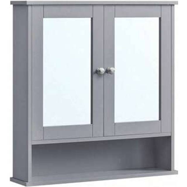 SHEIN Bathroom Cabinet With Mirror, Wall Cabinet With 2 Mirrored Doors And Open Compartment, Adjustable Shelf, Wall-Mounted, 13 X 56.5 X 58.5 Cm, Grey