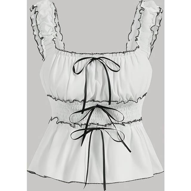 TEMU Elegant Off-shoulder Blouse With Sleeves And Bow Detail - White, Sleeveless, Square Neck, Spring/summer/fall, Spring Summer Fashion| Sleeve Top|square Neckline