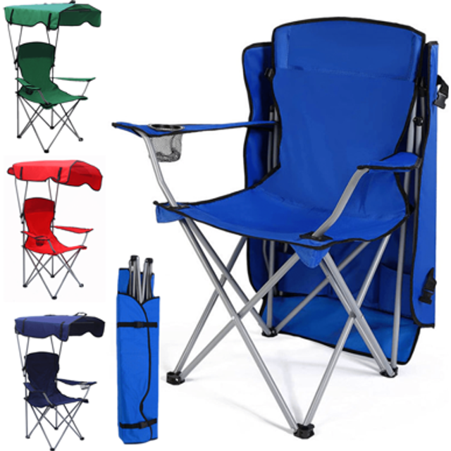 SHEIN Folding Beach Chair With Shade Canopy And Carry Bag, Outdoor Sun Protection Portable Chair, Garden Seaside Fishing Camping Chairs