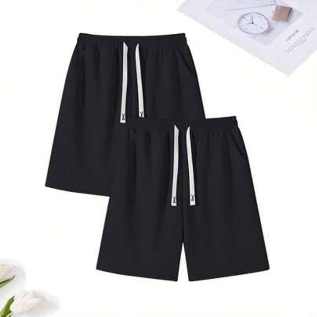 SHEIN 2pcs/Set Men&#39;s Summer Casual Sports Shorts, Suitable For Workout, With Adjustable Drawstring Waistband, Side Pockets, Made Of Moisture-Wicking Knit Fa