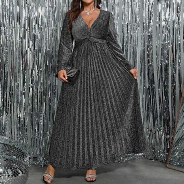 SHEIN Plus Size Deep V-Neck Glittery Knit Twisted Ruched Mini Dress Maxi Women Outfit