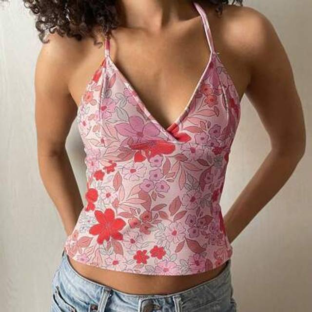 SHEIN Women&#39;s Summer Fashion Camisole Sleeveless Halter Neck V Neck Flower Print Vest Tops
