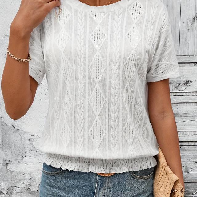 TEMU Solid Color Crew Neck Textured Blouse, Casual Short Batwing Sleeve Blouse For , Women's Clothing