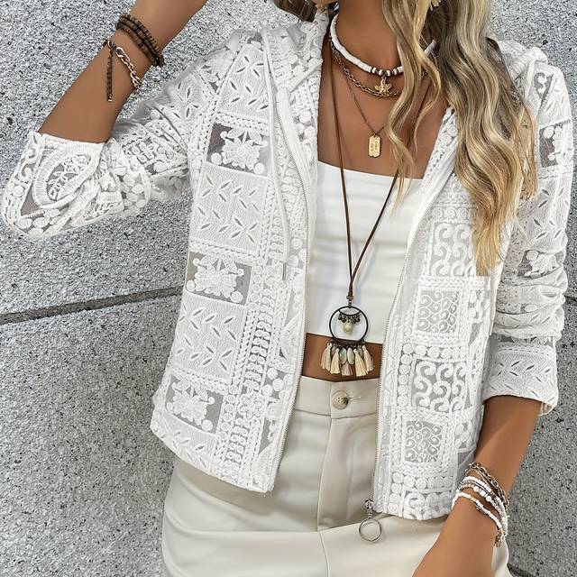 TEMU Women's Lace Cardigan 20# White - 5, Casual Polyester Knit Sweater With Hood, Solid Color, Zipper Detail, Fashion Top