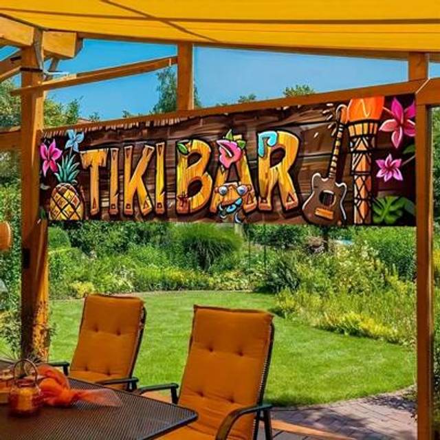 SHEIN 1pc-Polyester Tiki Bar Banner - Tropical Hawaiian Beach Theme Party Decorations - For Patio, Garden, Fence, Balcony, Welcome Home Event Multi-Purpose