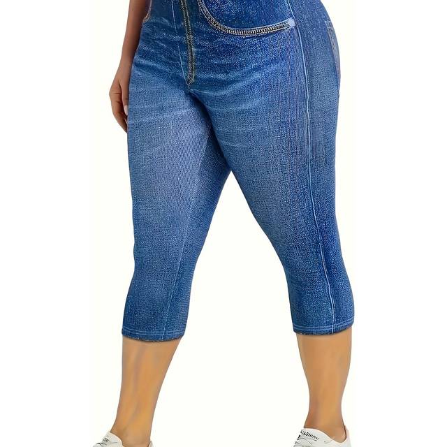 TEMU Women's Elegant Denim Capri Leggings - Medium Stretch, High-waisted, Knee-length Pencil Pants With For Spring/summer/fall, Capri Legging