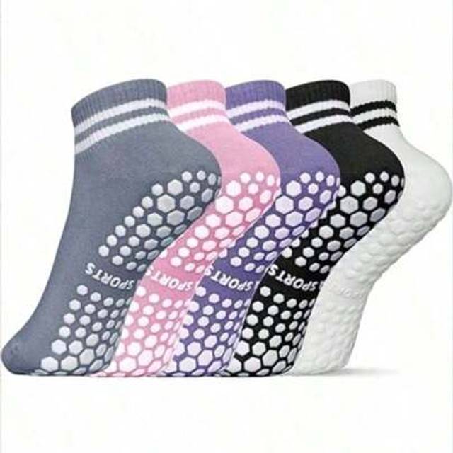 SHEIN 5 Pairs Women&#39;s Grip Socks, Non-Slip Pilates Yoga Socks Double Stripe Non-Slip Socks Exercise, Ballet, Sport Socks, Mid-Tube Socks 2/4/10/20/30/50pcs