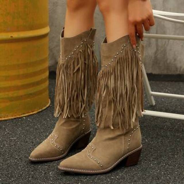SHEIN Women Mid-Calf Boots, Pointed Toe Chunky Heel, Versatile & Stylish Fringe & Rivet V-Cut Western Boots