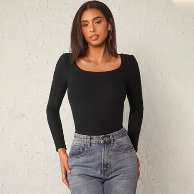 SHEIN Scoop Neck Solid Ribbed Long Sleeve Tee