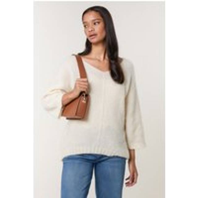 Fluffy Textured V Neck Jumper - ONE / BEIGE