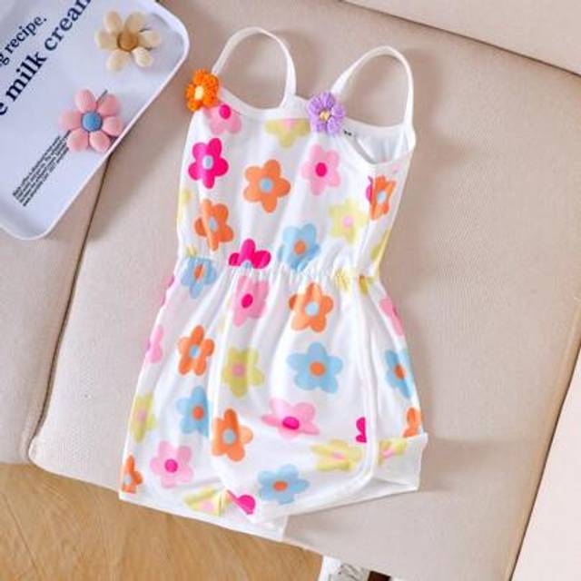 SHEIN Girls (Small) White Fashionable Cute Cartoon Multicolored Floral Print Strappy Jumpsuit, Comfortable Spring/Summer