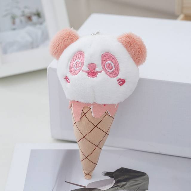 (Pink) Panda Ice Cream Cone Cartoon Plush Toy Doll Keychain Bag Pendant Gift For Girls