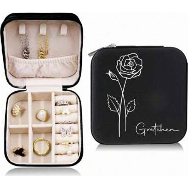 SHEIN 1PC 12 Months Line Art Flowers,Personalized Jewelry Box With Mirror , Initials,Custom Name PU Square Jewelry Box Gift, Travel Leather Ring Box, Custom