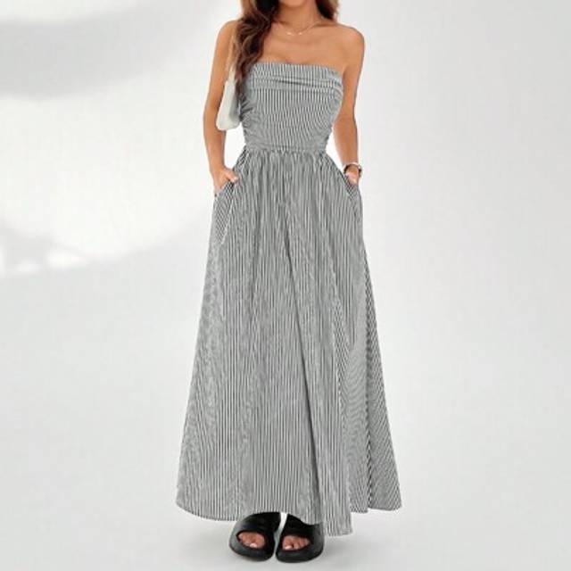 SHEIN Striped Print Slant Pocket Tube Longline Dress,Summer Dresses For Women