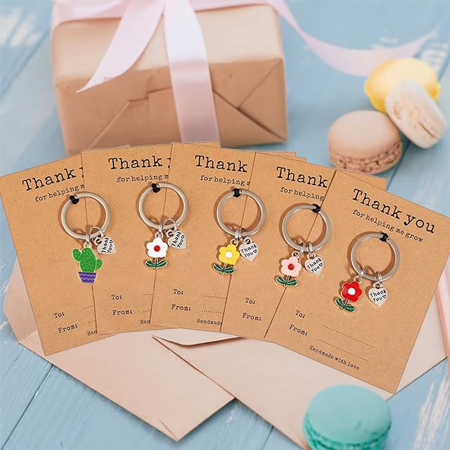 TEMU 5pcs Thank You Keychains - Stainless Steel, Floral & Cactus Designs For Teachers, Family, And Colleagues - Perfect Appreciation Gifts