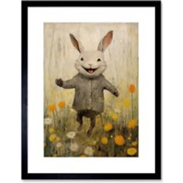 Wall Art Print mac Rabbit Happy Bunny Flower Meadow Kids Girls Bedroom Nursery Artwork Framed 9X7 Inch - Black - W7 inch x H9 inch