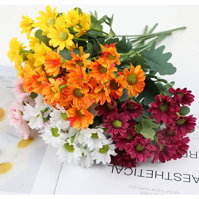 TEMU 5 Bunches Artificial Silky Daisy Flowers Bulk Realistic Fake Flower Bouquet Arrangement For Outdoor Home Indoor Garden Porch Table Vase Decoration ()