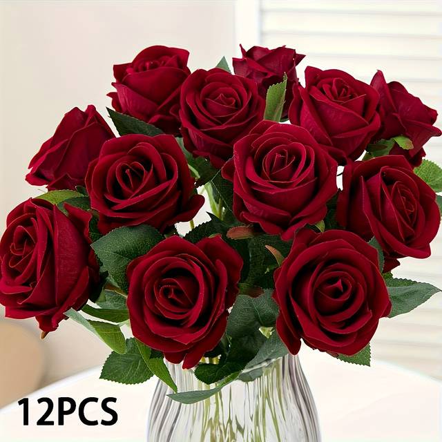 TEMU 12pcs Stalked Realistic Artificial Red Rose Bouquet, Suitable For Home Decorations, Valentine's Day, Engagement, Birthday, Easter, Day And Other Holiday Parties, Spring Summer Floral Arrangements