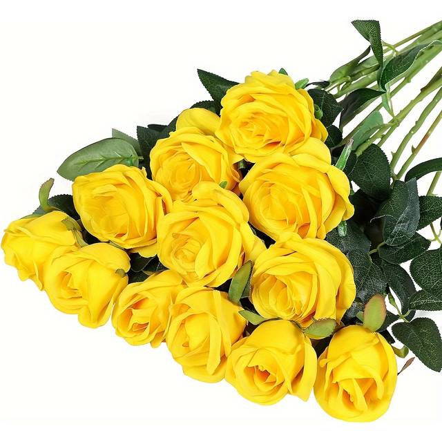 TEMU 7pcs Artificial Yellow Roses With Stems - Realistic Plastic Flower Bouquet For Home Decor, Weddings, Holidays, And Gifts - With Vibrant Sunlight-, Bouquet Accessories
