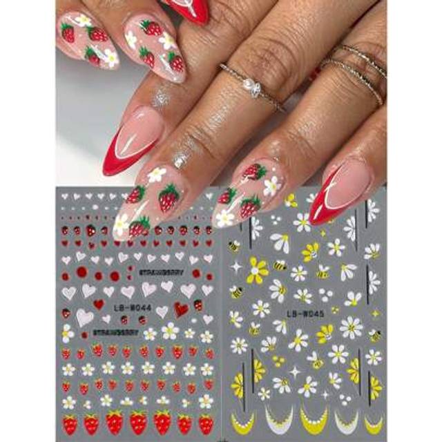SHEIN 2 Sheets Cartoon Strawberry Daisy Summer Nail Art Stickers Decals White Daisy Flowers Cute Bee Ladybug Mixed Petals Elegant French Design 3D Self-Adhe
