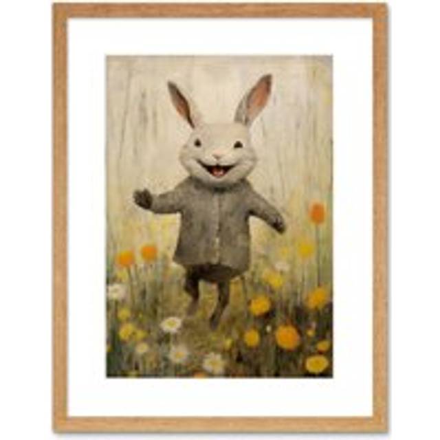 Wall Art Print mac Rabbit Happy Bunny Flower Meadow Kids Girls Bedroom Nursery Artwork Framed 9X7 Inch - Beige - W7 inch x H9 inch
