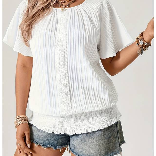 TEMU Plus Size Women's Elegant White Short Sleeve Crew Neck Blouse With Ruched Detail - Casual Summer Top For Casual Attire, Casual Attire Blouse|ruched |nonstretch Fabric