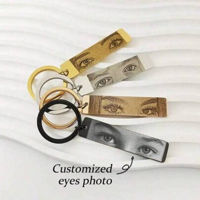 SHEIN Customized Photo Eye Shaped Keychain, Stainless Steel Pendant Necklace, Fashionable Rectangular Keyring, Unique Anniversary Jewelry Gift, Creative Cus