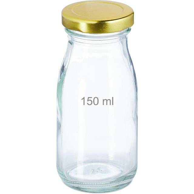 Relaxdays - Glass Bottles, Set of 24, 150 ml, with Screw Lid, Refillable Jar, for Smoothies, Juices, Milk, Clear/Gold