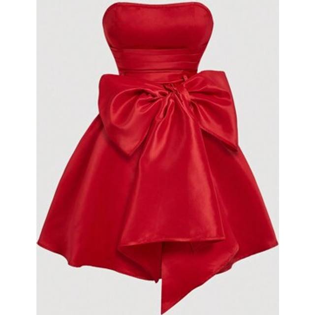SHEIN Red Side Bow Tie Bandeau Crop Top Dress For Women