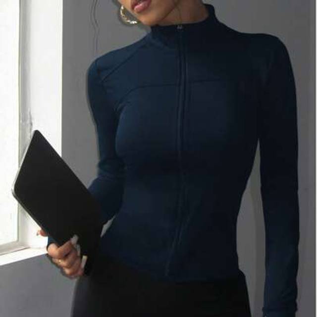 SHEIN Modest Activewear,Academic Chic Jacket,Long Sleeve With Thumbholes, Comfort-Stretch For Dance/Pilates,Waist-Cinching Zip Front + Low Neckline, Street-