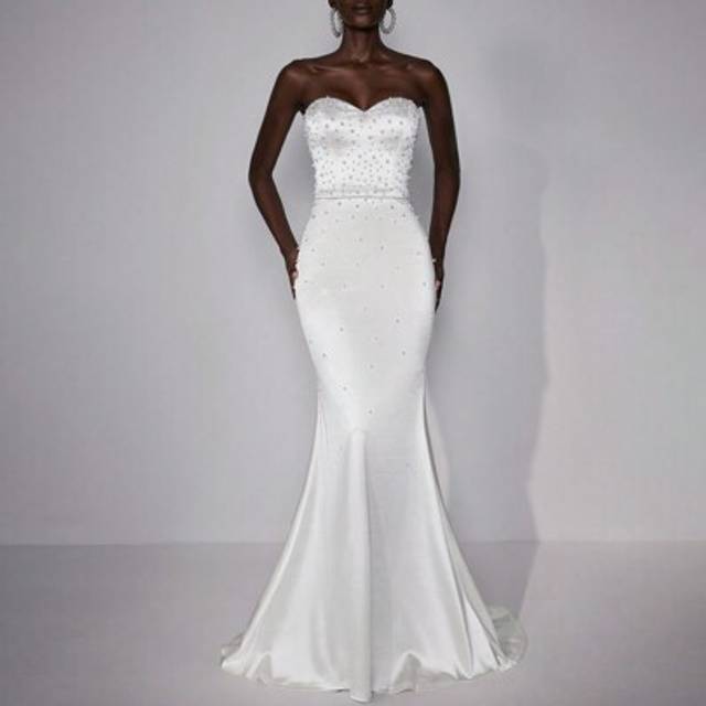 SHEIN Elegant White Strapless Luxury Beaded Ombre Fishtail Train Formal Banquet/Evening Dress, Suitable For Formal Occasions, Prom Gown, For Wedding Guest,