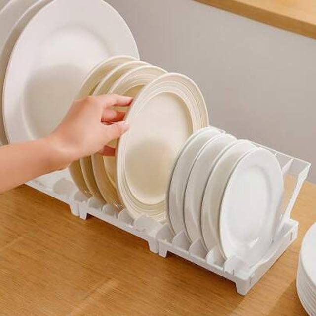 SHEIN 1pc Expandable 4-Section Plastic Plate Organizer With Snap-Fit Connectors | Countertop Dish Drying Rack & Space-Saving Storage For Kitchen Cabinets| F
