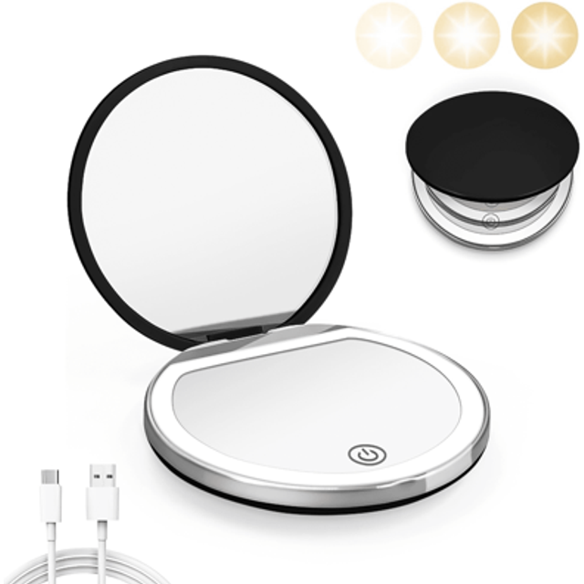 SHEIN High-Definition 2x Mirror Magnification Patch Mirror Three Level Dimming Portable Flip Cover Circular Folding LED Makeup Mirror With One Side Enlarged