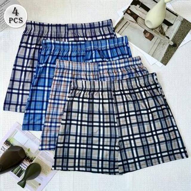 SHEIN 4pcs/Pack Men&#39;s Plus Size Breathable Elastic Waist Plaid Print Boxer Shorts, Loose Fit Casual Underwear