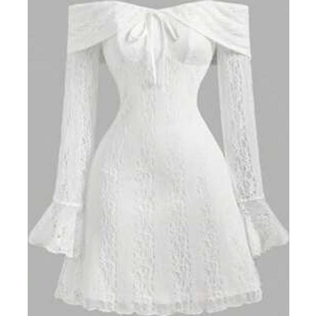 SHEIN Women&#39;s White Off Shoulder Bowknot Flare Sleeve Short Lace Dress,Wedding Guest Dress Women,Birthday Dresses For Women,Dresses For Women Elegant,Countr