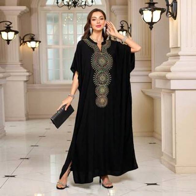 SHEIN Elegant Women&#39;s Embroidered Black Kaftna Thobe House Dress Modest Arabian Dress Outfits