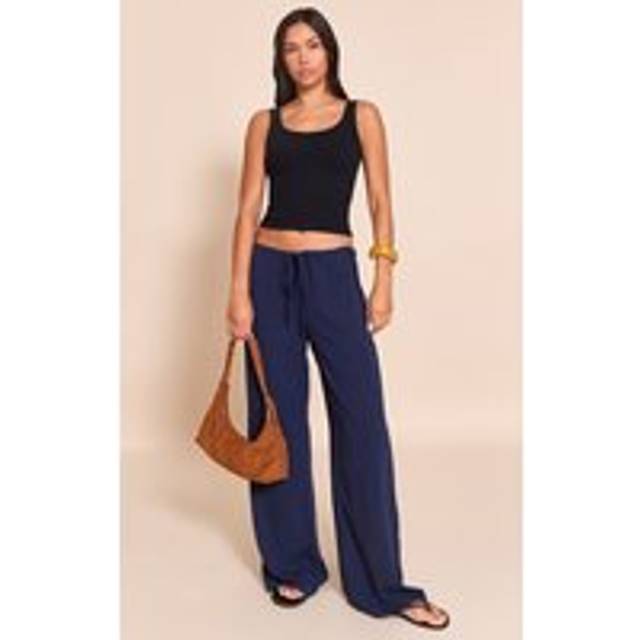 Navy Floaty Drawstring Thin Waistband Trousers, Blue - 12