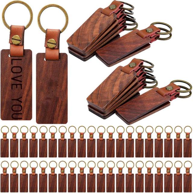 50 Pack Leather Keychain Blanks Wooden Wood Blank Tags