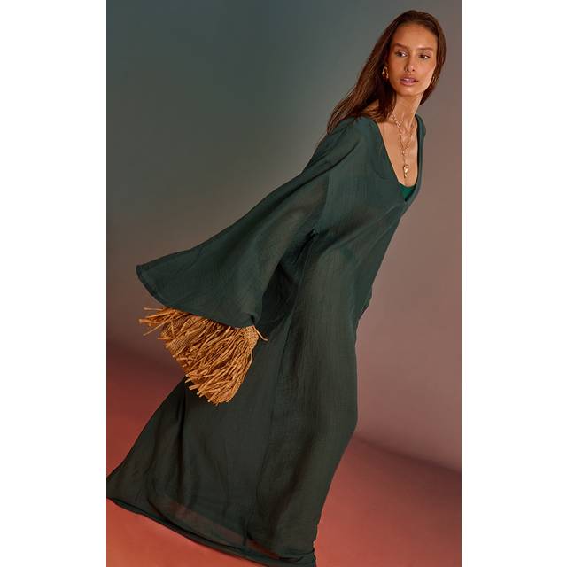 Sea Green Linen Look Oversized V Neck Maxi Beach Dress, Sea Green