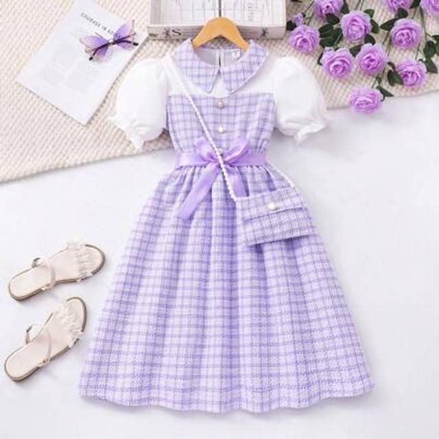 SHEIN Tween Girls Splice 2 In 1 Collared Short Sleeve Summer Commuting Dress With Mini Bag And Belt